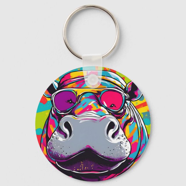 Hippo With Sunglasses Pop Art Key Ring (Front)