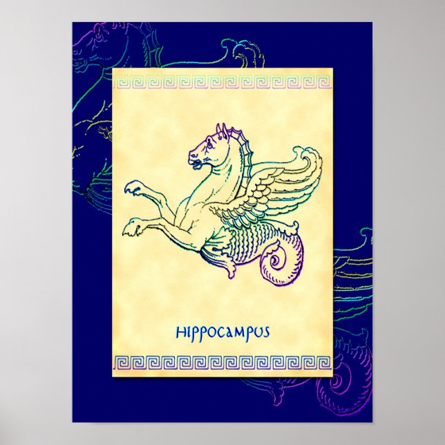 Hippocampus Greek Sea Horse Vintage Art Poster (Front)