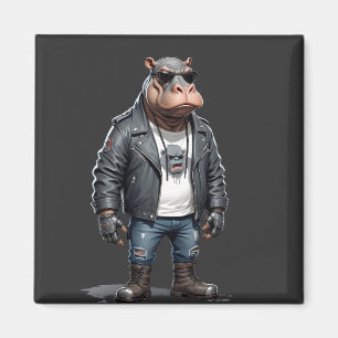 Hippopotamus Biker Rebel in Leather Jacket Cool Magnet