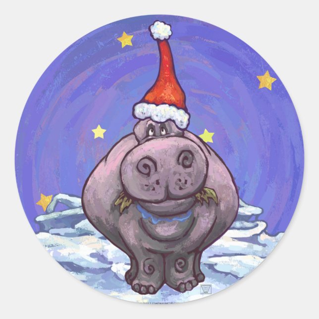 Hippopotamus Christmas Classic Round Sticker (Front)