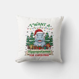 Hippopotamus Christmas Hippo Santa Hat Trees Prese Cushion