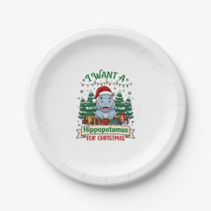 Hippopotamus Christmas Hippo Santa Hat Trees Prese Paper Plate