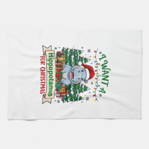Hippopotamus Christmas Hippo Santa Hat Trees Prese Tea Towel