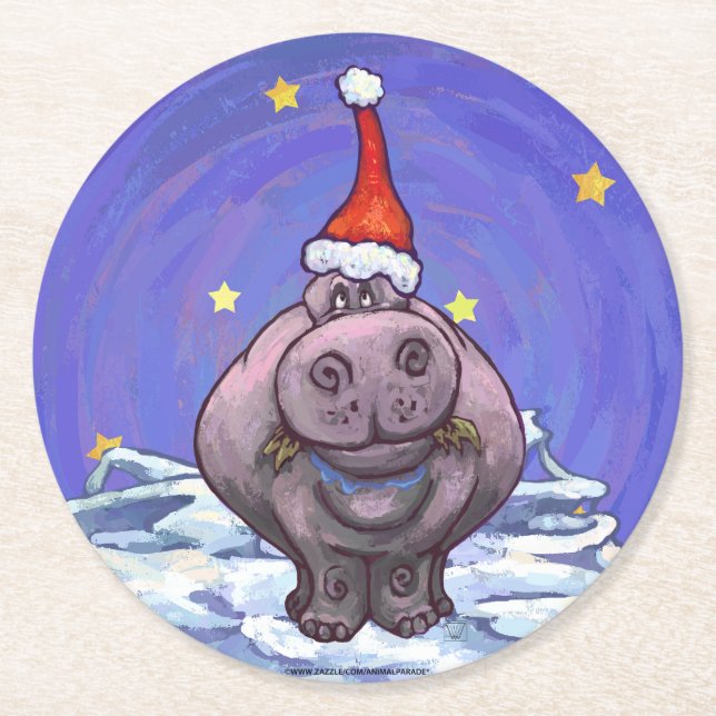 Hippopotamus Christmas Round Paper Coaster (Front)