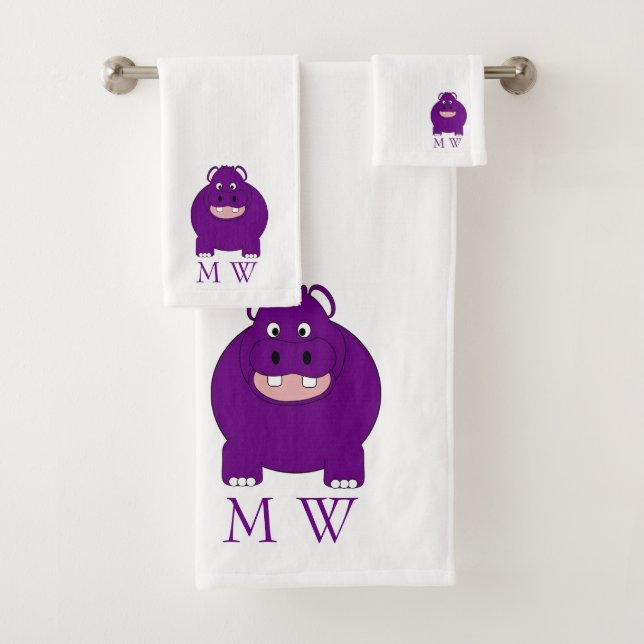 Hippopotamus Design Monogrammed Bath Towel Set (Insitu)