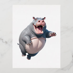 Hippopotamus Happy Playful Fun Jumping In The Air  Foil Holiday Postcard