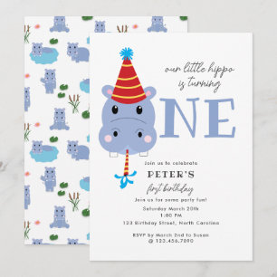 Hippopotamus Hippo First 1st One Kids Birthday Invitation