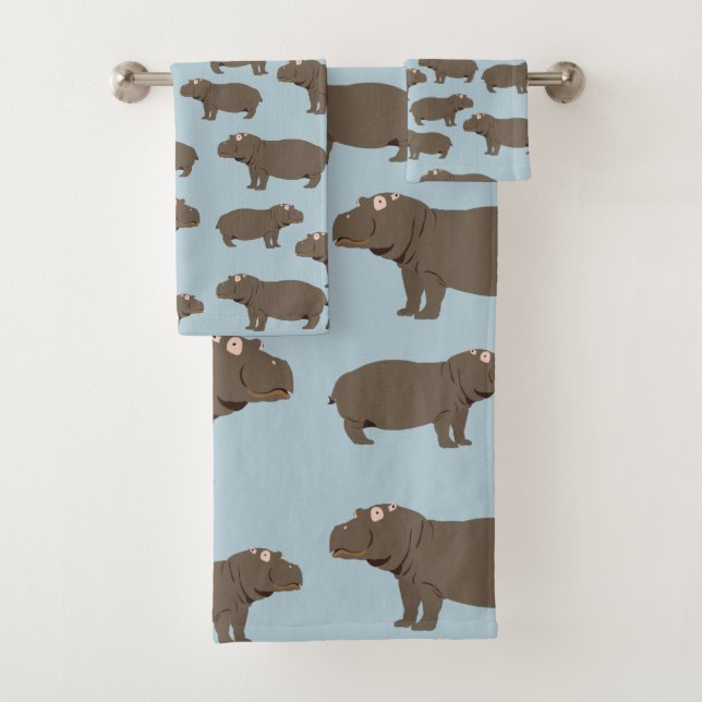 Hippopotamus Hippo Pattern Bath Towel Set (Insitu)