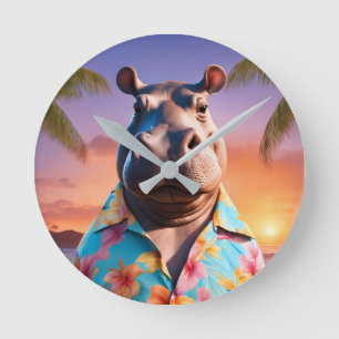 Hippopotamus Holiday Round Clock