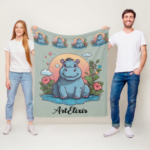 Hippopotamus Scenic Print  Fleece Blanket