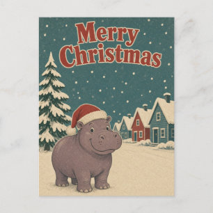 Hippopotamus Snow Row Animal Christmas Postcard