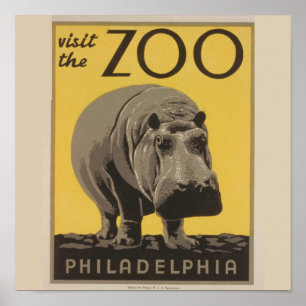 Hippopotamus Vintage WPA Zoo Poster Hippo Art