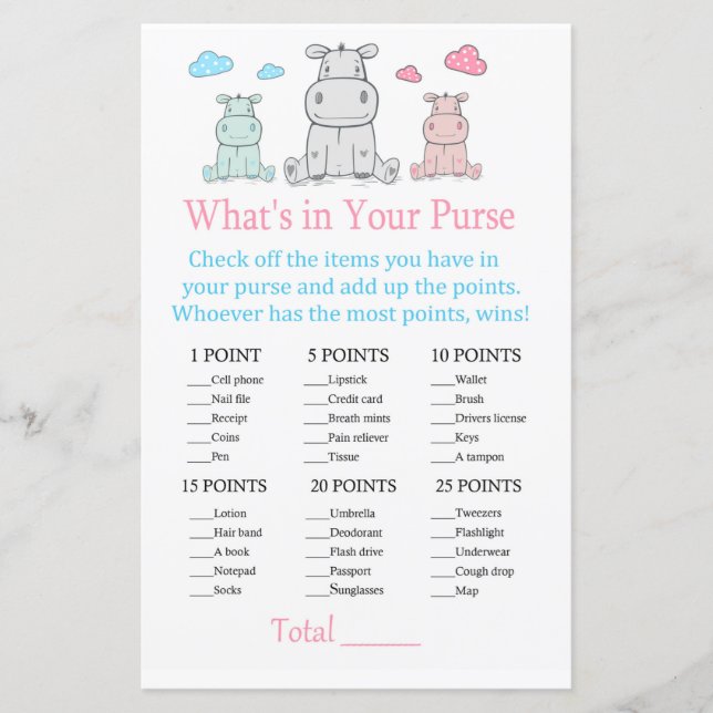 Hippopotamus What's in your purse game (Front)