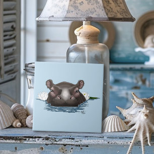 Hippopotamus White Lotus Blue Ceramic Tile