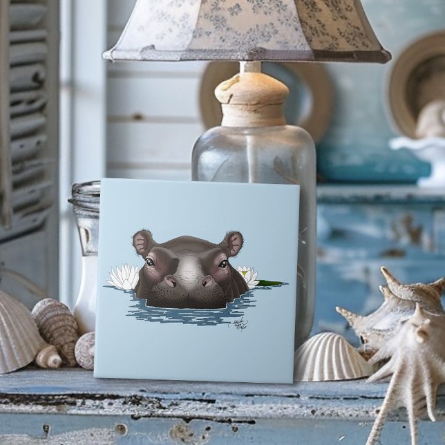 Hippopotamus White Lotus Blue Ceramic Tile (Creator Uploaded)