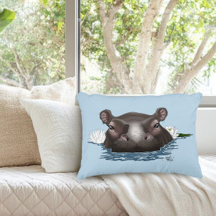 Hippopotamus White Lotus Blue Decorative Cushion