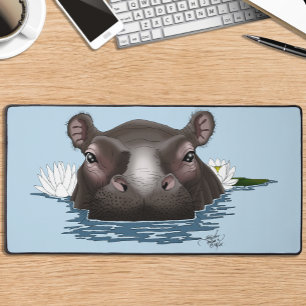 Hippopotamus White Lotus Blue Desk Mat