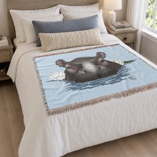 Hippopotamus White Lotus Blue Throw Blanket