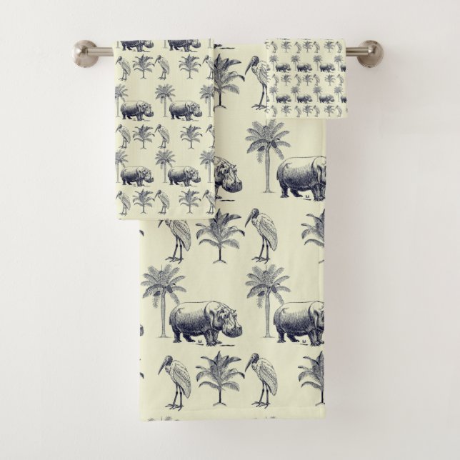 Hippos and Marabus  pattern on yellow background Bath Towel Set (Insitu)