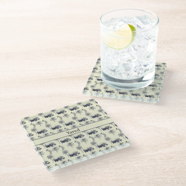 Hippos and Marabus  pattern on yellow background Glass Coaster (Angled)