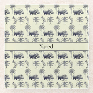 Hippos and Marabus pattern on yellow background Glass Coaster