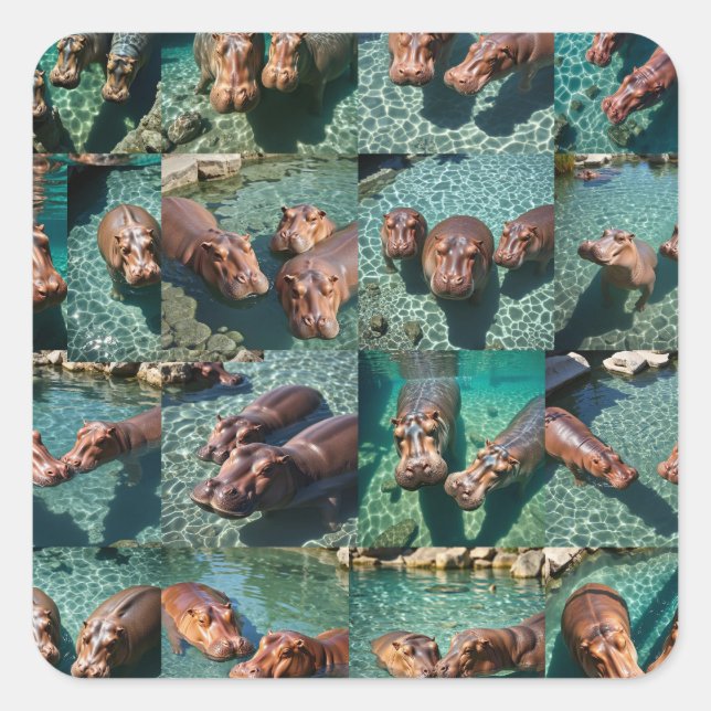 Hippos at Play: A Pond Paradise Square Sticker (Front)