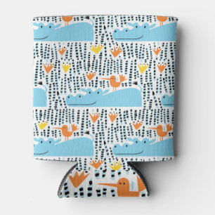 Hippos Birds Lake: Vintage Pattern. Can Cooler