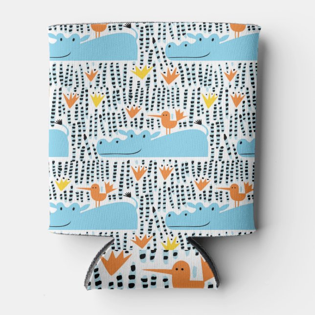 Hippos Birds Lake: Vintage Pattern. Can Cooler (Front)