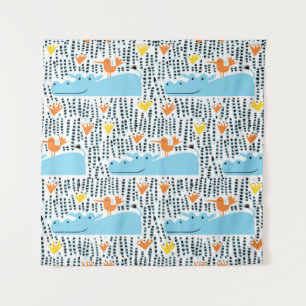 Hippos Birds Lake: Vintage Pattern. Tapestry