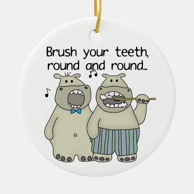 Hippos Brush Your Teeth Ceramic Tree Decoration (Front)