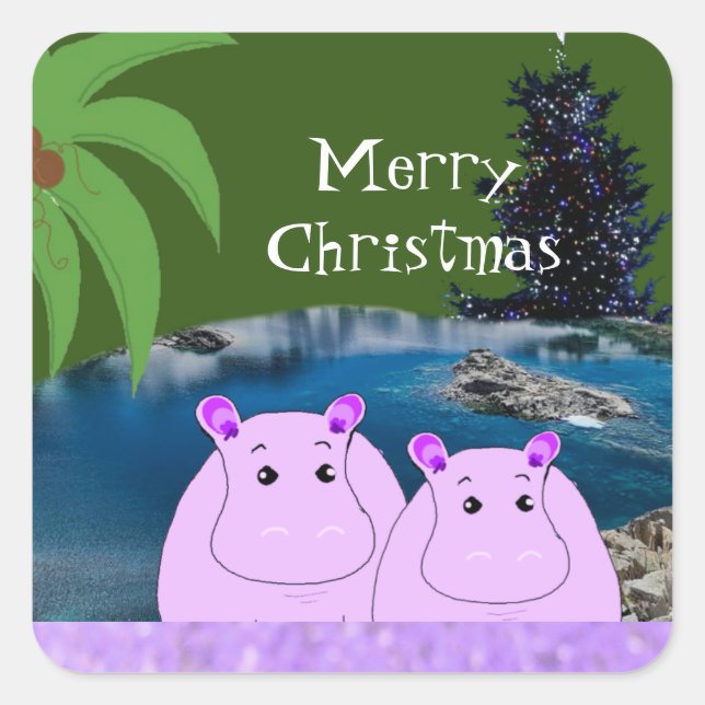 Hippos Ready for Christmas Square Sticker (Front)
