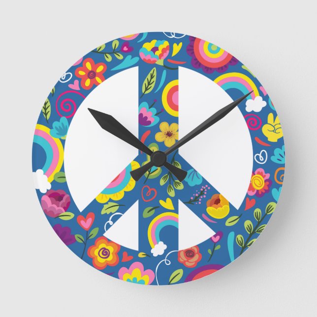Hippy 60s Boho Peace Sign Round Clock (Front)