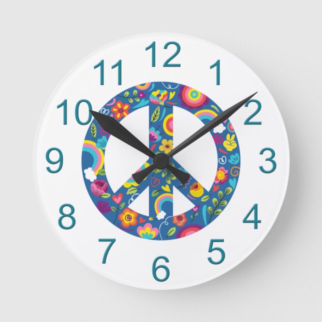 Hippy 60s Boho Peace Sign Round Clock (Front)