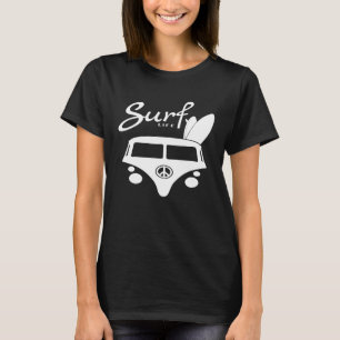 Hippy Camper Van Surf Life Tee Shirt With Surfboar