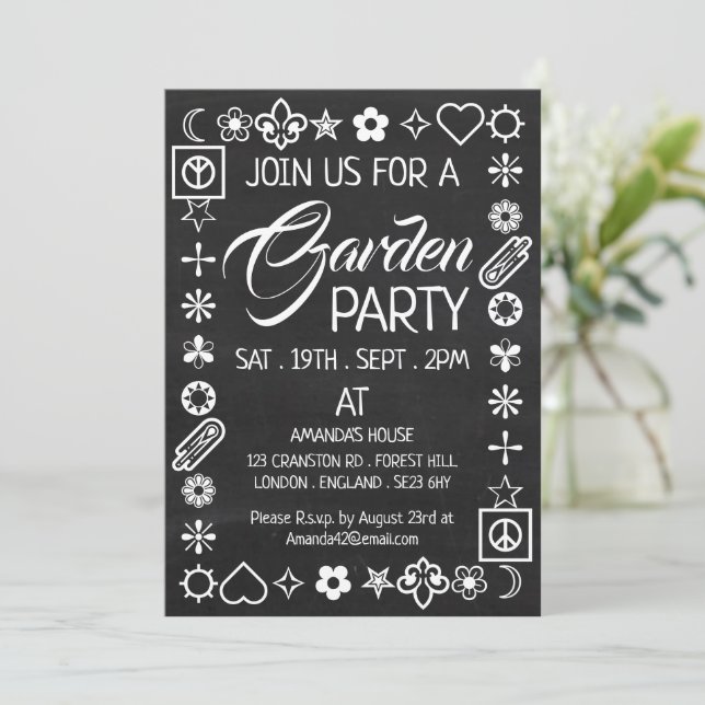 Hippy Chic Decorated Chalkboard Garden Party Invitation (Standing Front)
