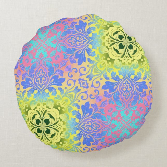 hippy chic turquoise yellow aqua bohemian round cushion (Back)