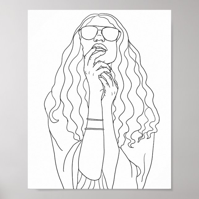 Hippy Chick Womans portrait line art colouring pag Poster (Front)