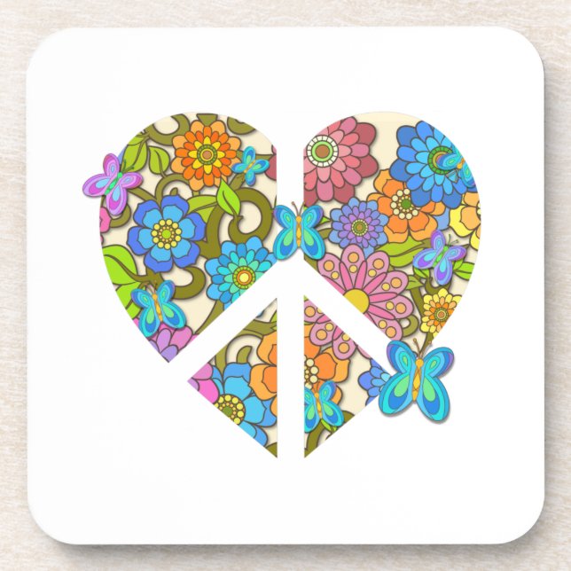 Hippy Flower Peace Sign Heart Coaster (Front)