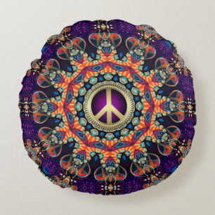 Hippy Groovy Love & Peace Psychedelic Round Cushion
