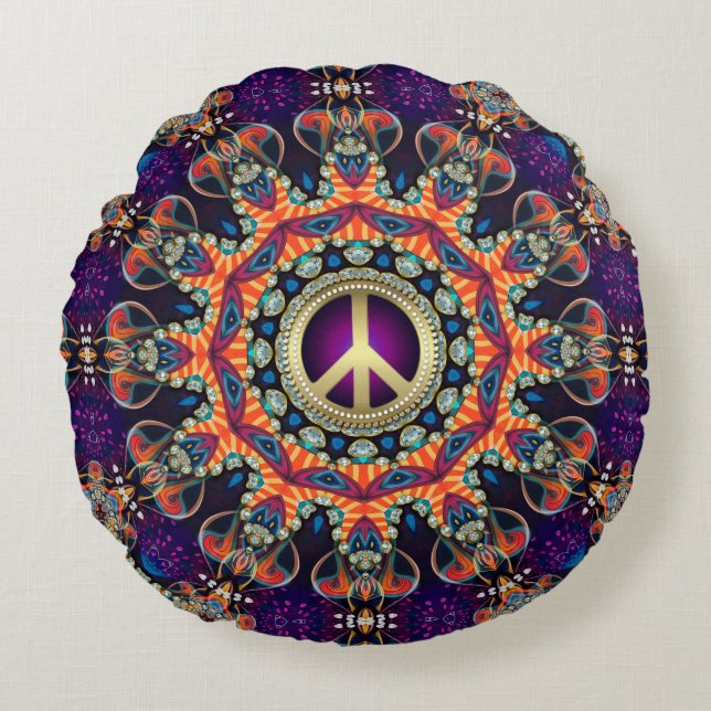 Hippy Groovy Love & Peace Psychedelic Round Cushion (Front)