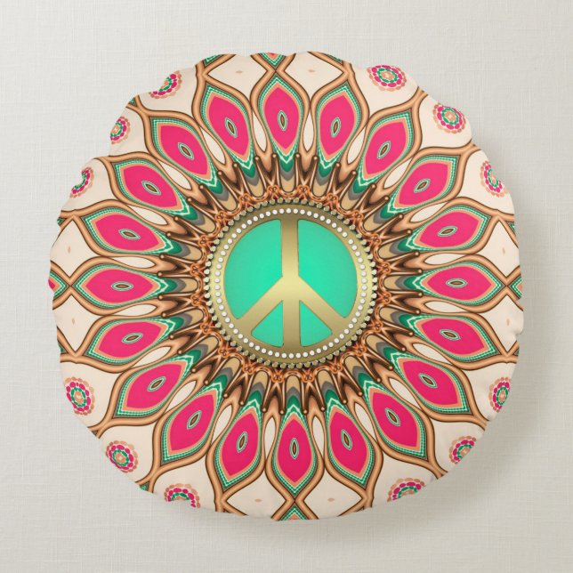 Hippy Groovy Love & Peace Sunflower Round Cushion (Front)