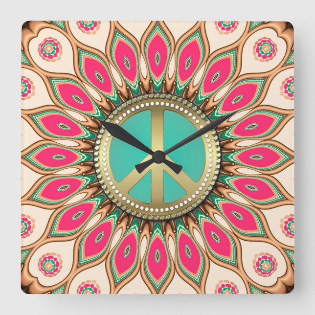 Hippy Groovy Love & Peace Sunflower Wall Flower Square Wall Clock (Front)