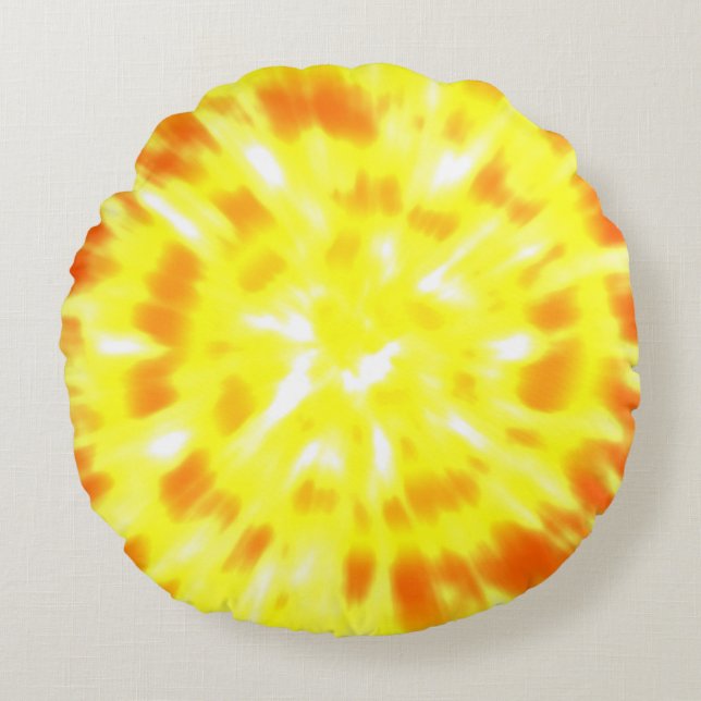 Hippy Peace Retro Tie Dye Colourful Yellow Round Cushion (Front)