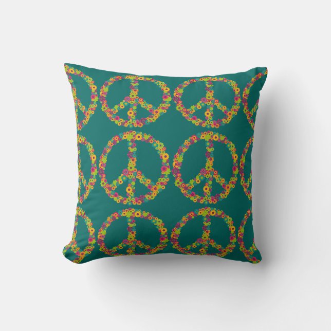 Hippy peace sign flowers cushion (Front)