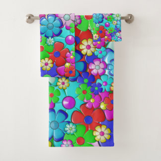 Hippy retro floral art bath towel set