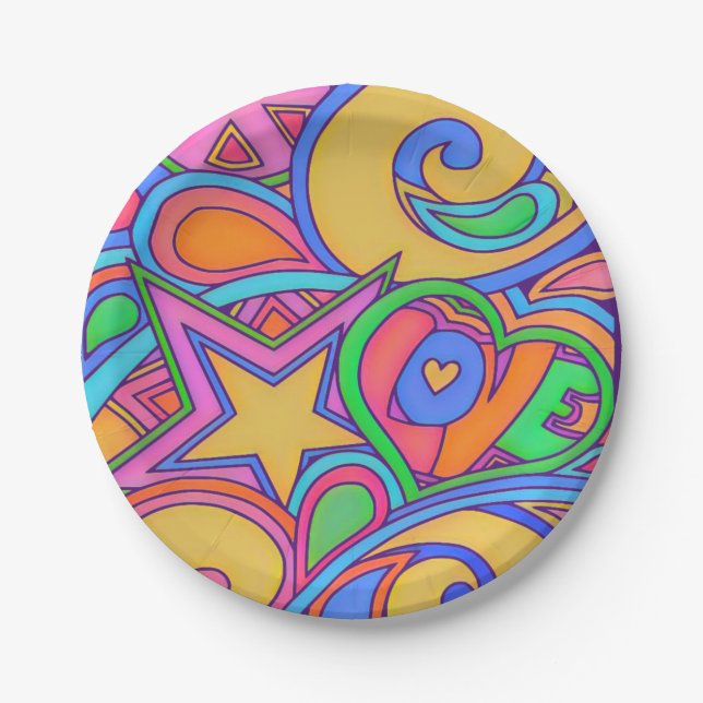 Hippy Retro Peace Art with Stars Paper Plate (Front)