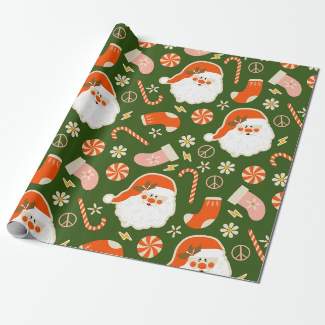 Hippy Santa and candy cane pattern Wrapping Paper (Unrolled)