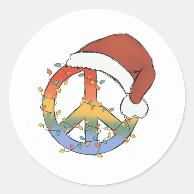 Hippy Santa Peace Sign Christmas Lights Classic Round Sticker (Front)