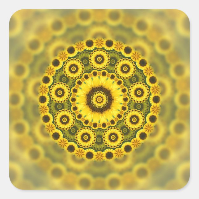 Hippy Sunflower Fractal Mandala Pattern Square Sticker (Front)