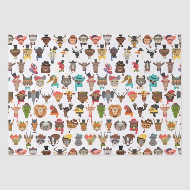 Hipster Animals Fun Cool Animals with Hats Tissue Paper (Front)